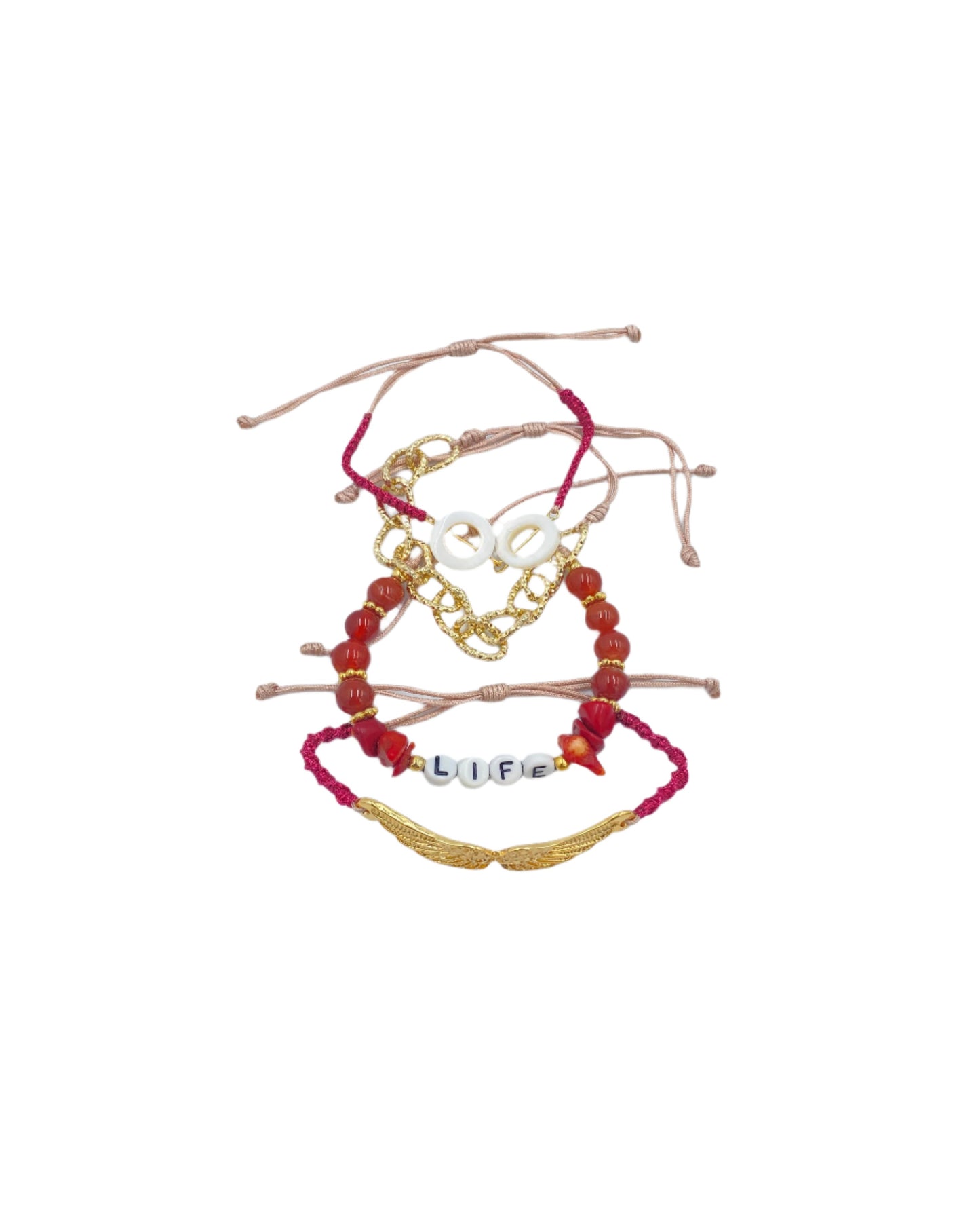 Bracelet Set, Gold Wings Life with a touch of Red.