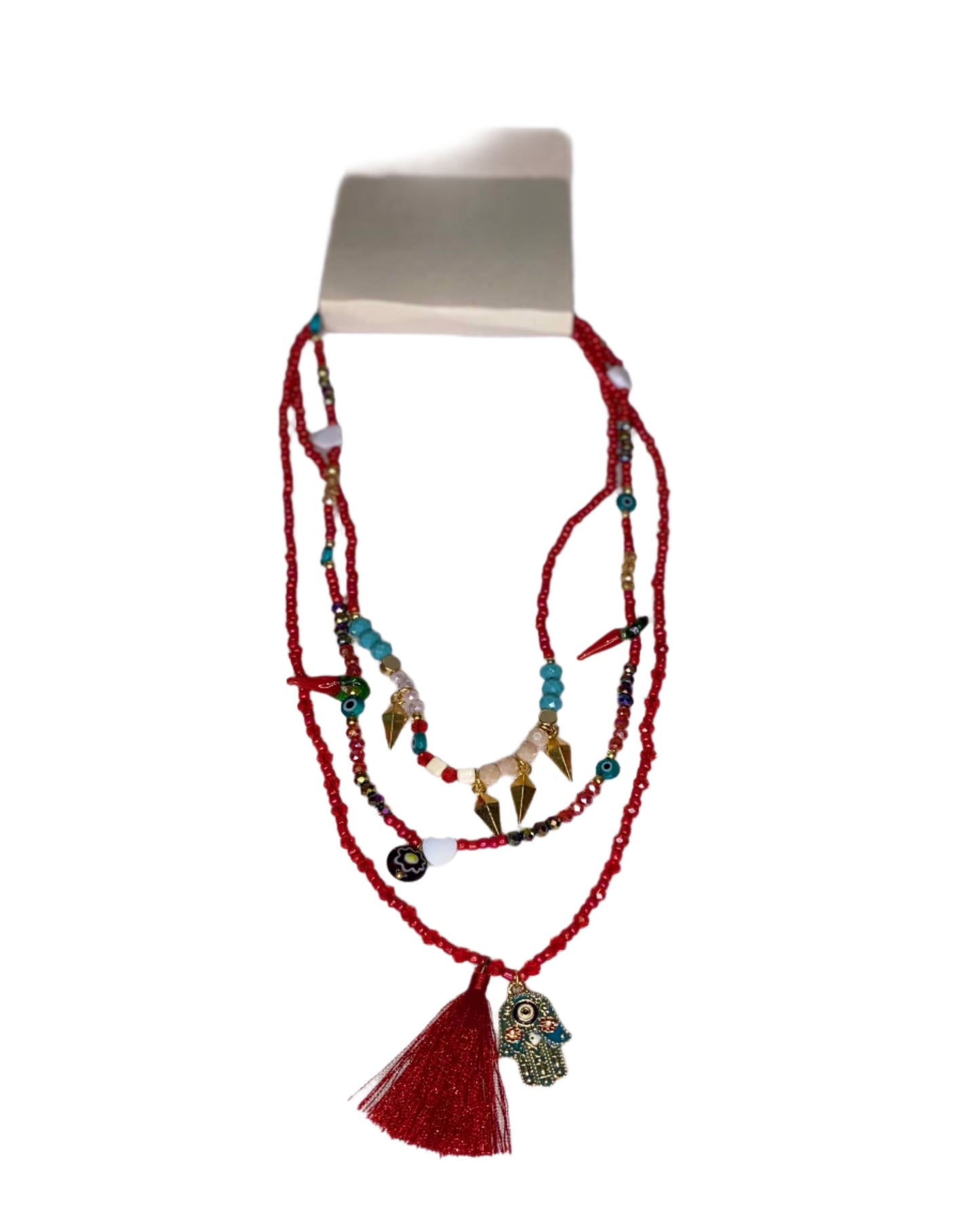 Boho Chic Delight: Red Tassel Turquoise Beaded Necklace Set. Add a pop of color and flair to your ensemble.